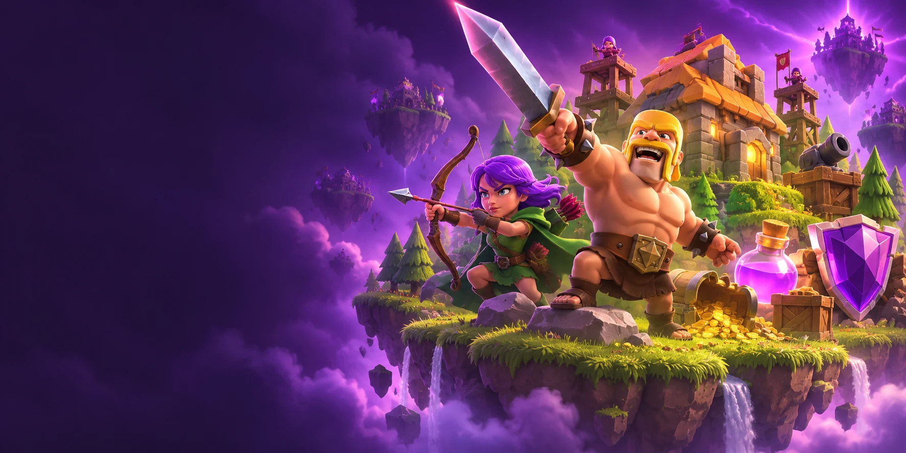 A barbarian and an archer defend a floating fantasy village